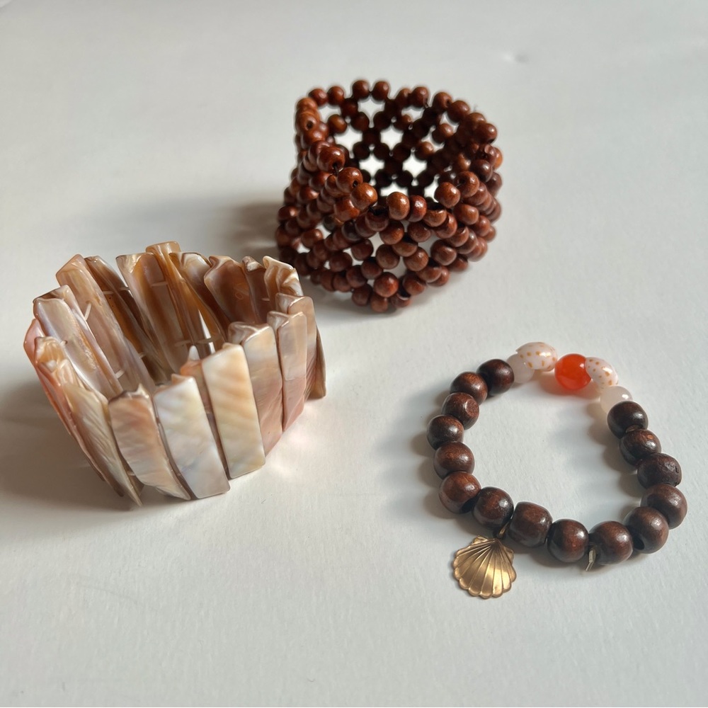 Iridescent Seashell and Wooden Bangle Bracelet Set 3/$12